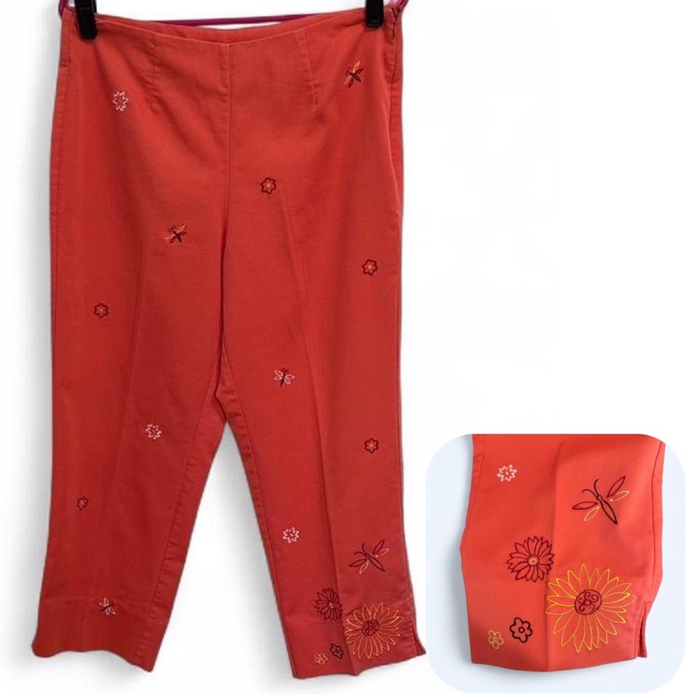 Y2K Style Coral Cropped Pants with Embroidered Details Size 12